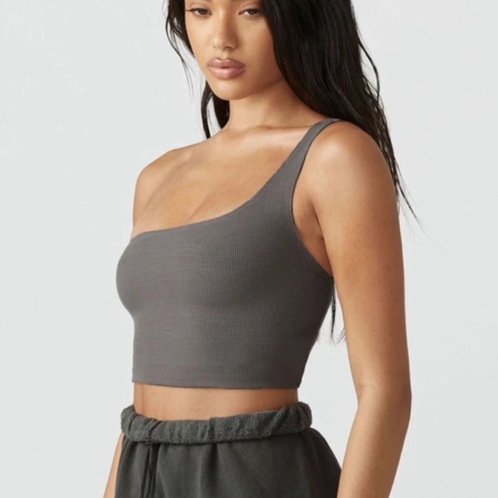 S/M JOAH BROWN CONCRETE GREY SINGLE STRAP FLEXRIB ONE SHOULDER CROP TOP - Picture 3 of 8